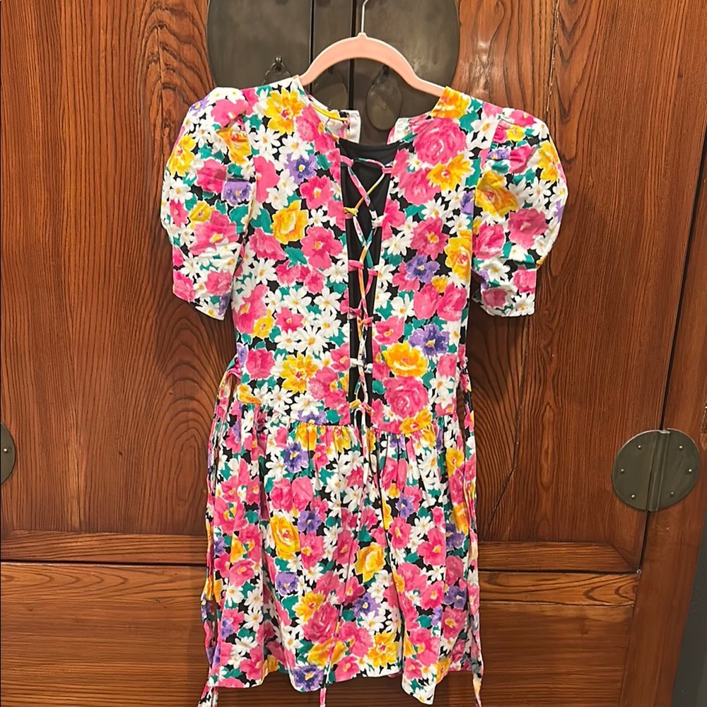 Pink and Yellow Puff Sleeve Sundress with Scoop Neck